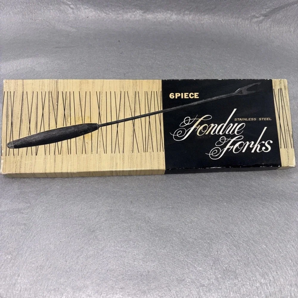 Vintage Fondue Forks 6pc Set Stainless Steel Teak Coded Handles w/Box ~Japan